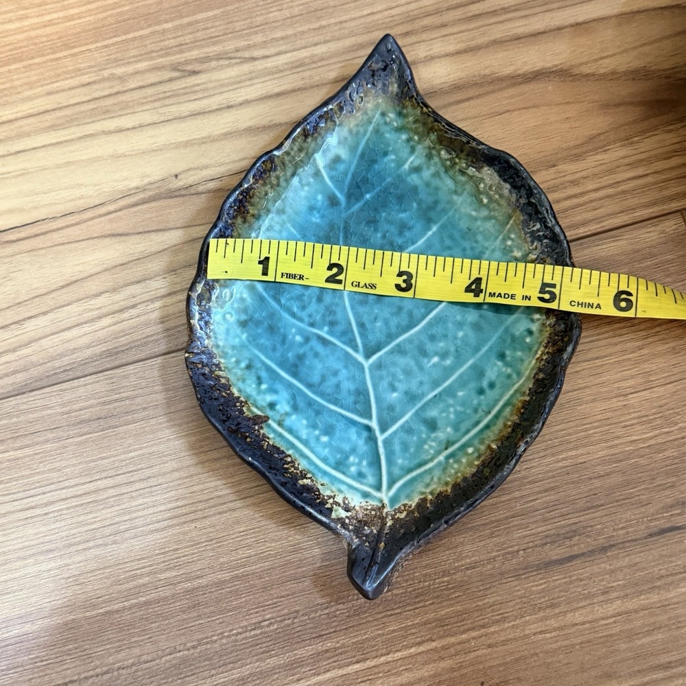 Japanese Dinner Serving Dish Plate 8"L Ceramic Green Brown Rust Crackle Leaf - Picture 5 of 6